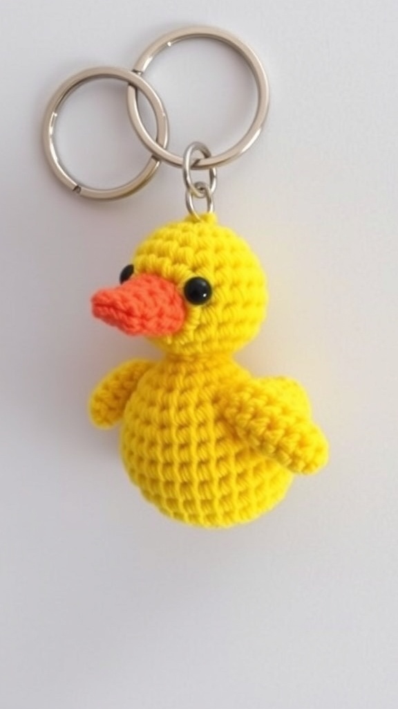 A cheerful crochet duck keychain with yellow body and orange beak on a silver keyring.